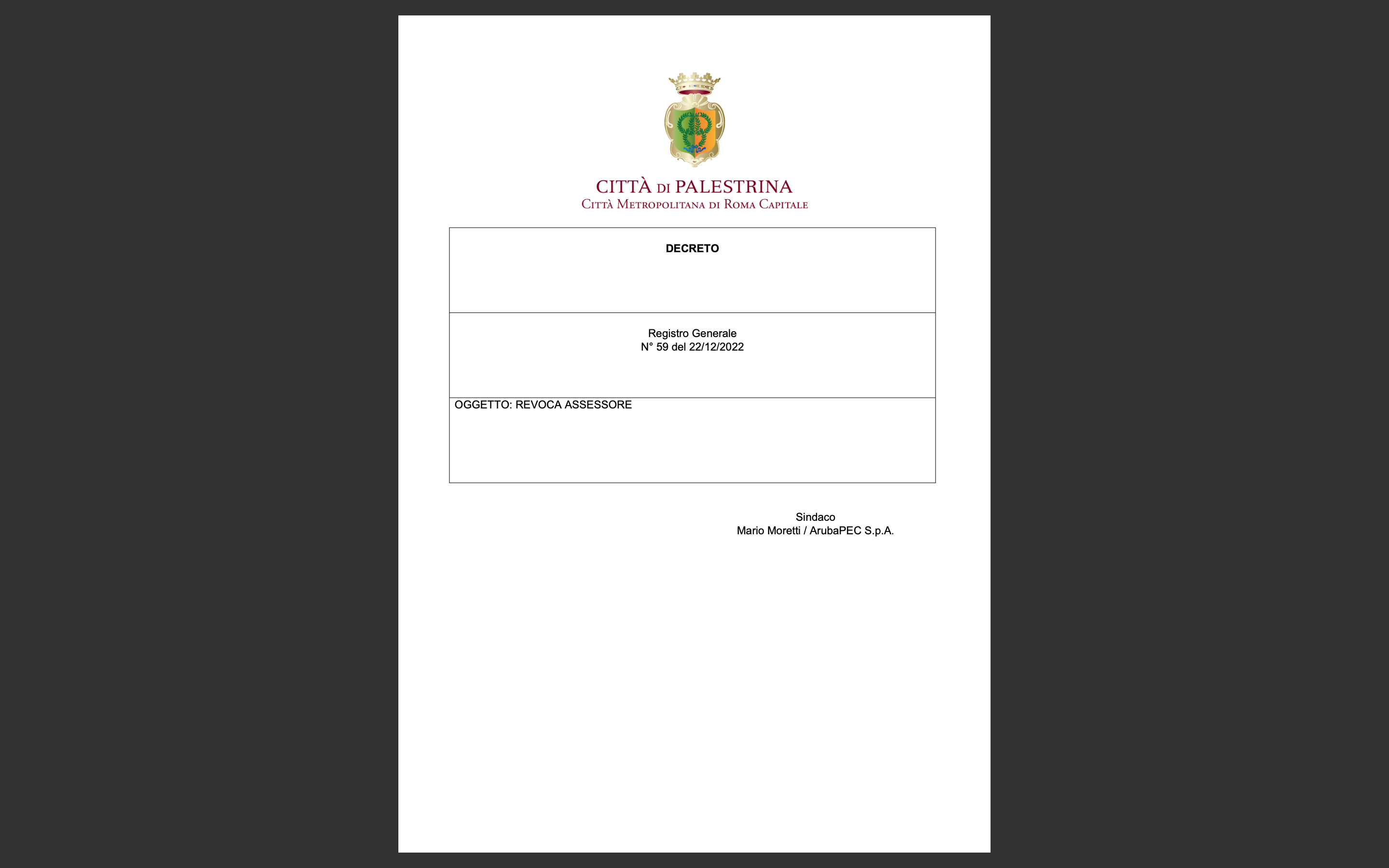 PALESTRINA. Il decreto con il quale il Sindaco Moretti revoca le deleghe da assessore a Lorella Federici