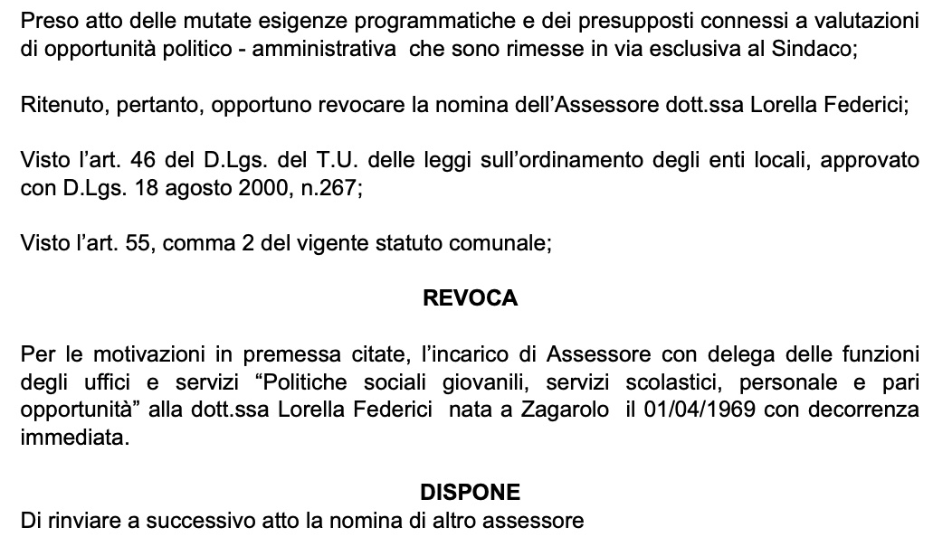 Palestrina, sisma politico di Natale: il sindaco Moretti caccia la Federici. Uno stralcio del decreto.